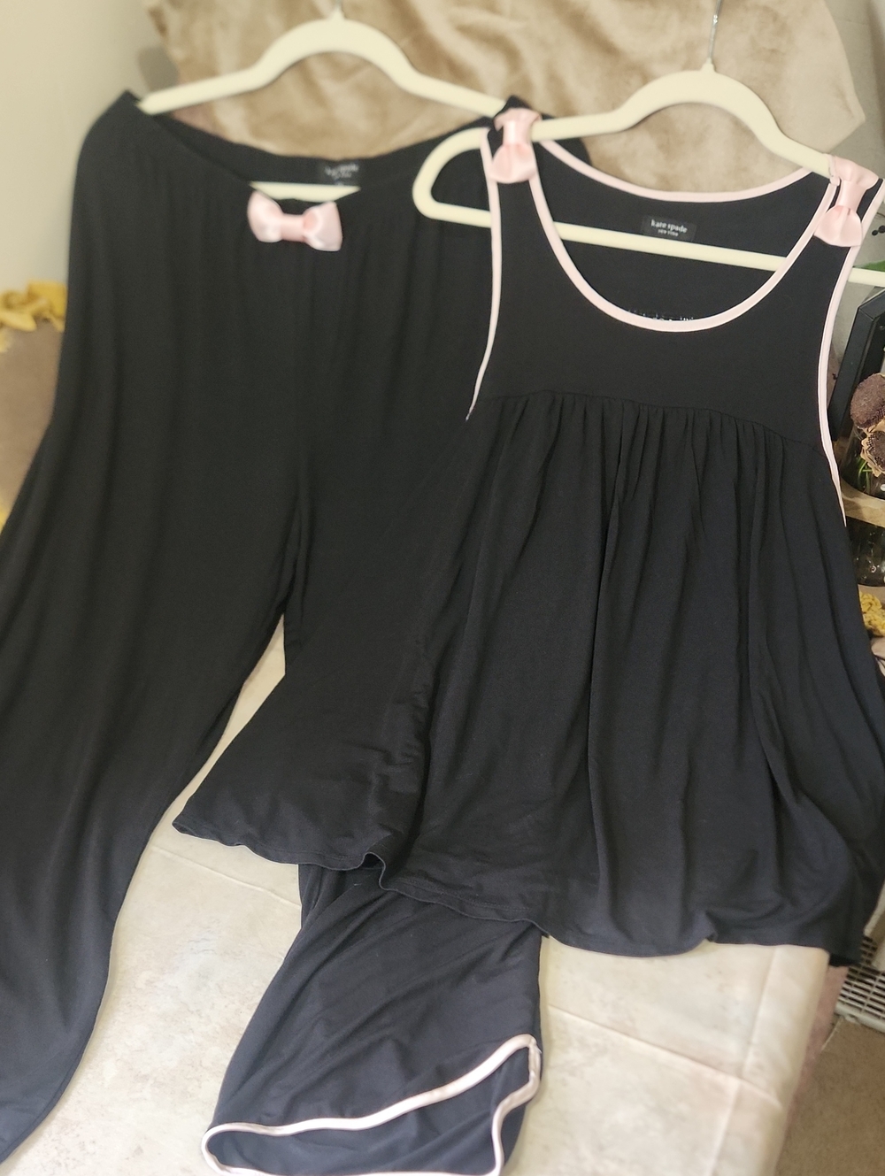 kate spade Black Pajama Set with Pink Trim and Bows